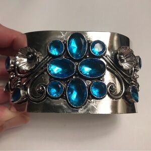 Blue Topaz Stamped Solid 925 Sterling Silver Cuff Bracelet